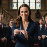 Kate Middleton holds her birthstone necklace with Windsor Castle staircase and rugby team behind her