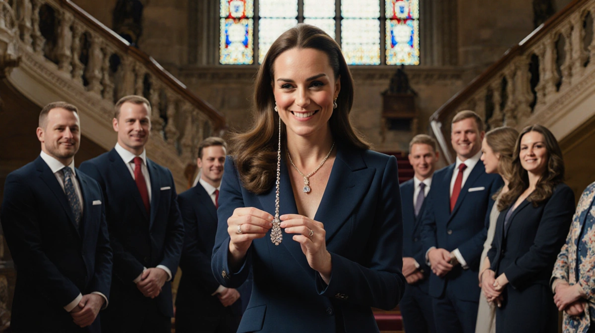 Kate Middleton holds her birthstone necklace with Windsor Castle staircase and rugby team behind her