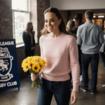 Kate Middleton walking toward camera with bouquet bright yellow flowers wearing pastel pink sweater and dark jeans near rugby