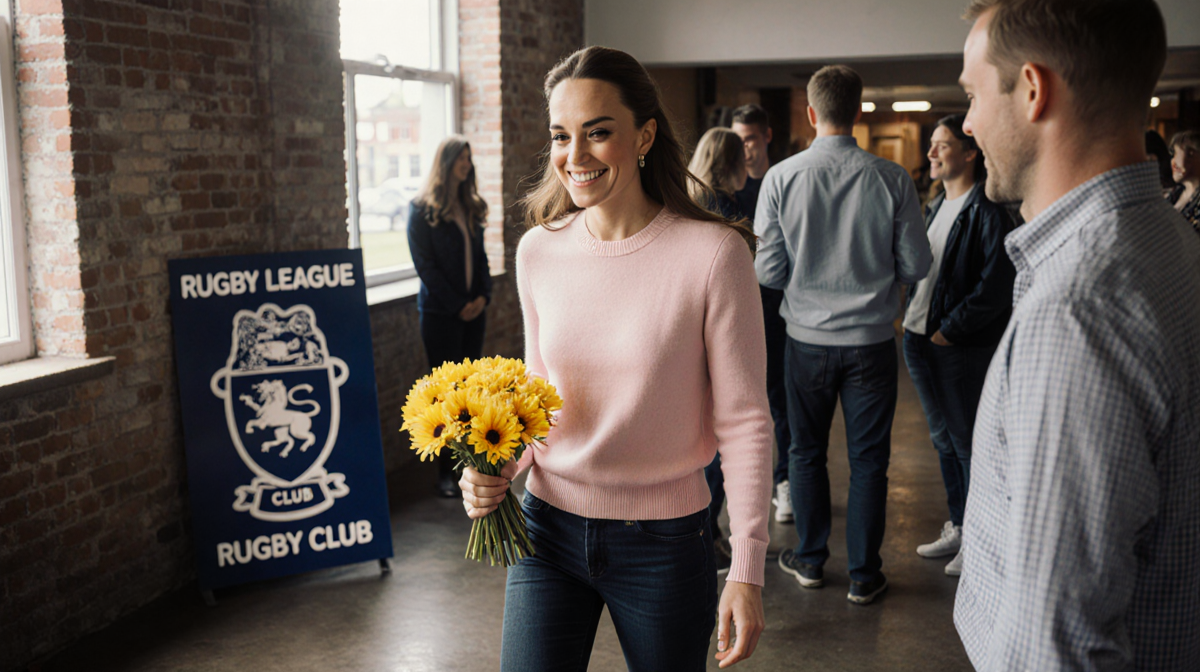 Kate Middleton walking toward camera with bouquet bright yellow flowers wearing pastel pink sweater and dark jeans near rugby