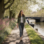 Kate Middleton walking alone along a canal path with spring flowers and lush greenery while people paint nearby.