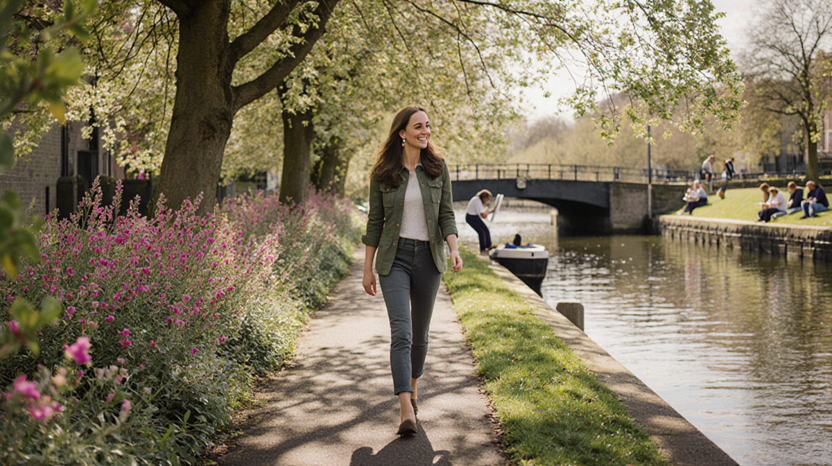 Kate Middleton walking alone along a canal path with spring flowers and lush greenery while people paint nearby.