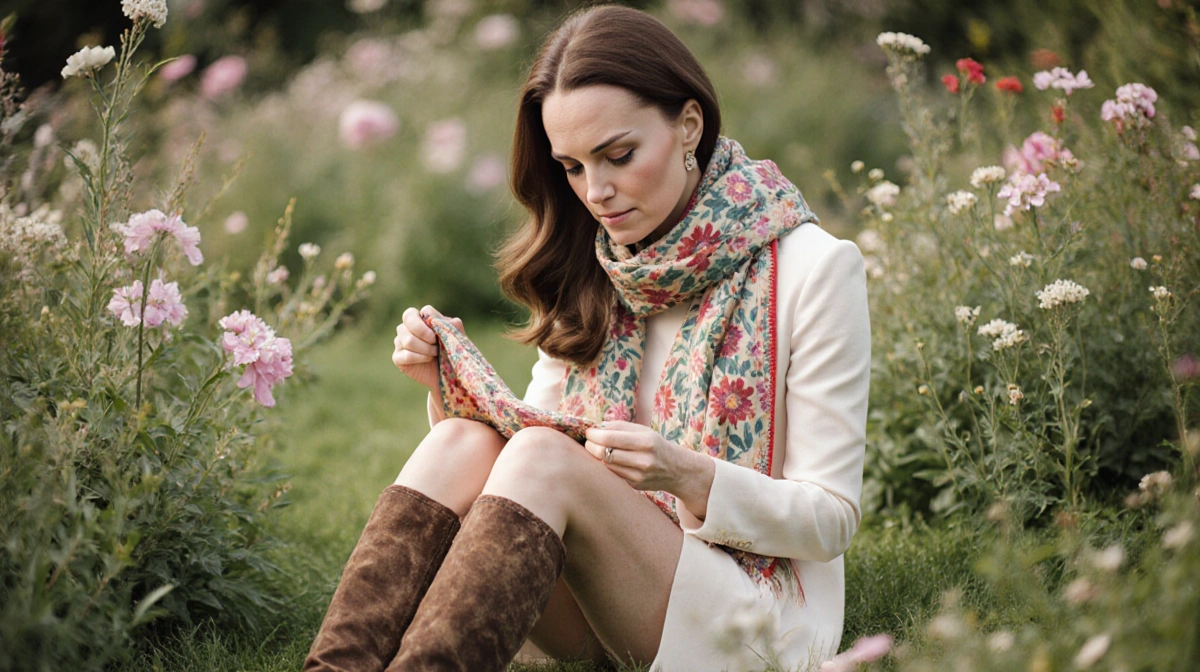 Kate Middleton sits in garden with floral scarf and worn boots showing nostalgic smile