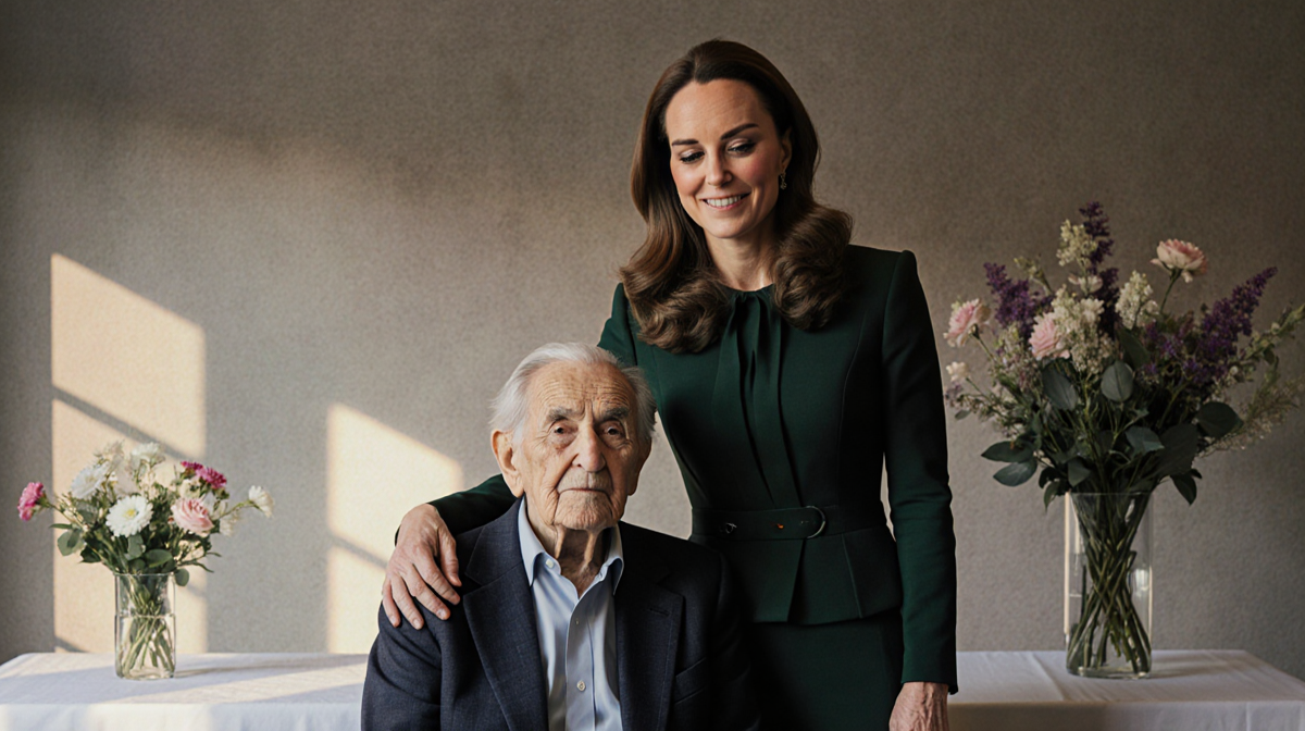 Kate Middleton embraces Holocaust survivor with warm light and subtle floral backdrop conveying solidarity.
