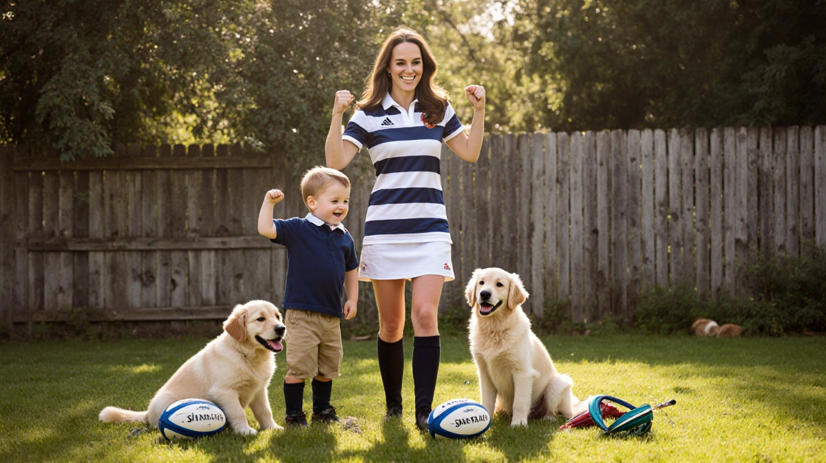 Kate Middleton playing rugby with Prince George and two golden retriever puppies on a sunny lawn