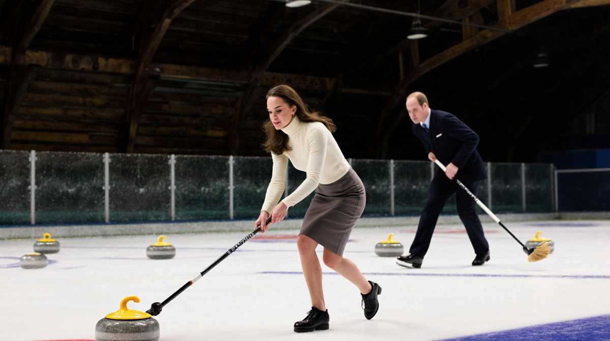 Kate Middleton sweeping a curling stone with Prince William gliding across the dimly lit ice