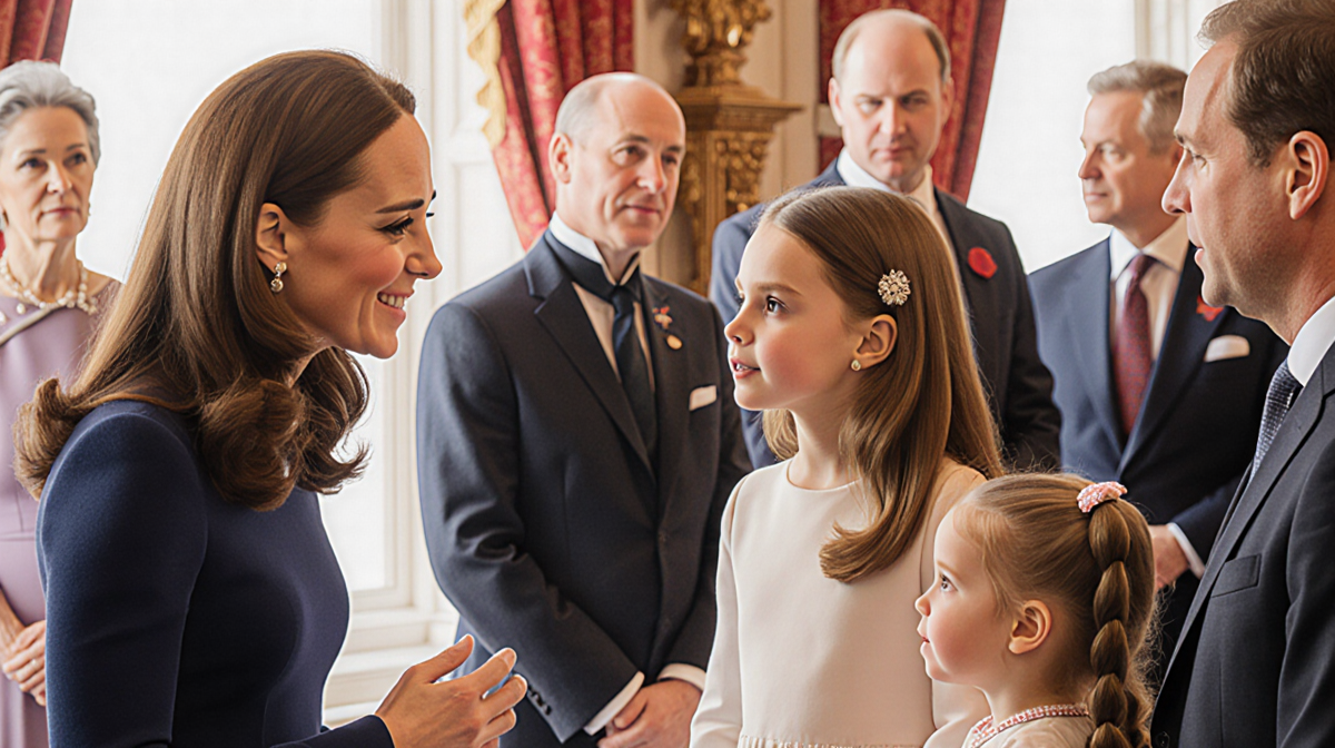 Kate Middleton speaking with a friend while Princess Charlotte sits on her lap looking up and emphasizing their family bond.