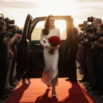 Kate Middleton stepping onto red carpet with red roses and cameras flashing in warm sunset light