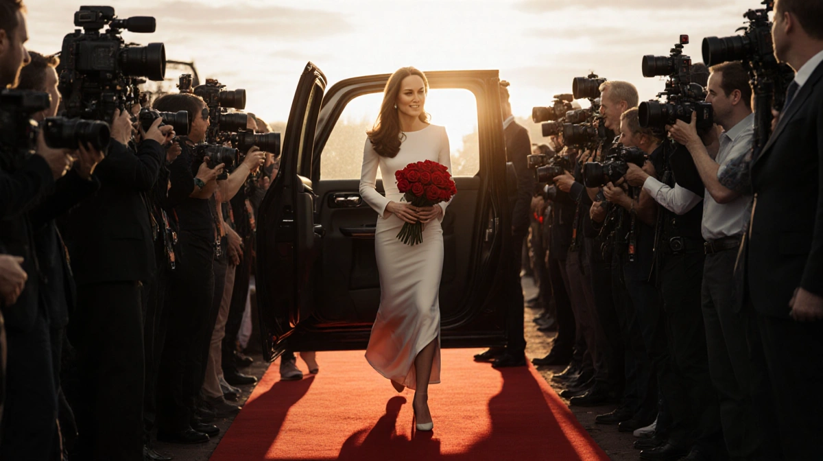 Kate Middleton stepping onto red carpet with red roses and cameras flashing in warm sunset light