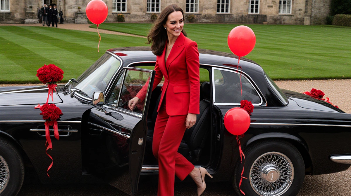 Kate Middleton stepping out of vintage car in red Alexander McQueen pantsuit with red roses decorating the castle grounds