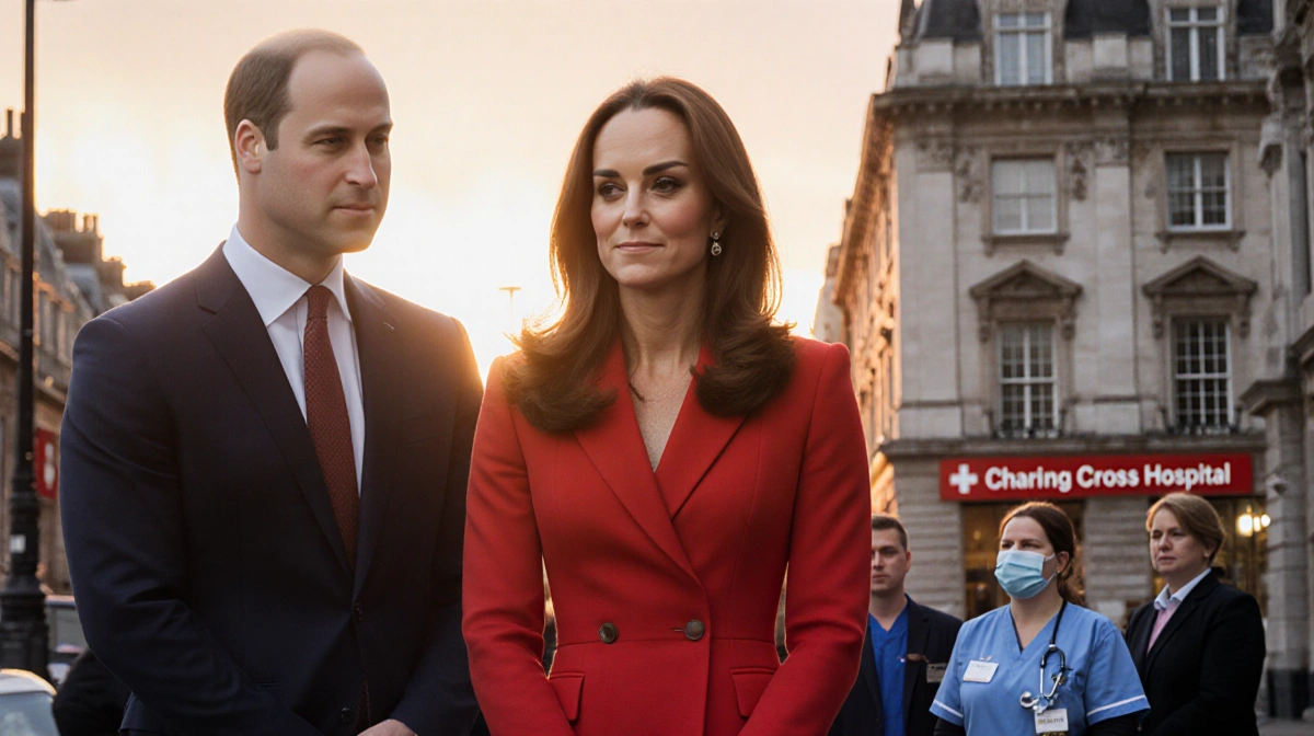 Kate Middleton stands with Prince William at Charing Cross Hospital with NHS staff showing winter pressures