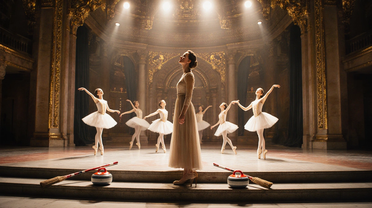 Kate Middleton watching Royal Ballet performance with curling stones and brooms at her feet showing upcoming Scotland engagem