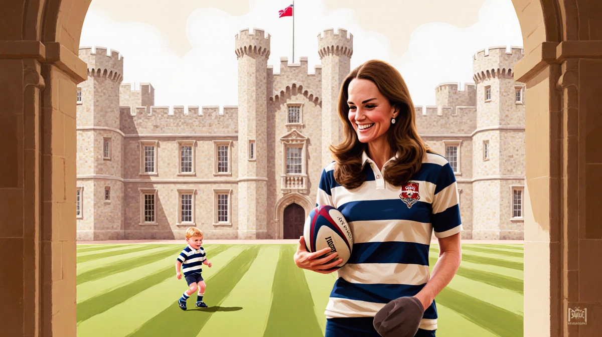 Kate Middleton wearing rugby jersey and holding ball with Prince George playing rugby on Windsor Castle lawn behind her
