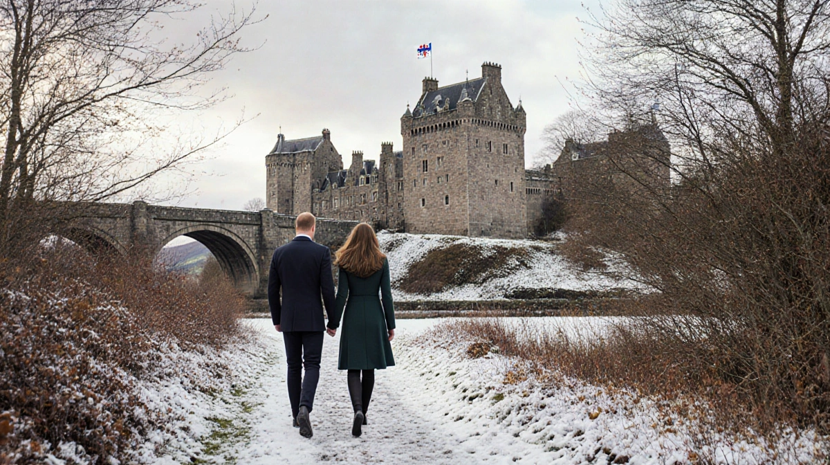 Kate Middleton walking with Prince William through Scottish landscape with winter foliage and historic castle behind