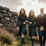 Kate Middleton walking beside her aide with matching tartan outfits against a stone wall in the Scottish Highlands