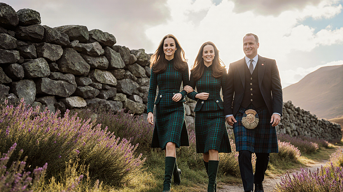 Kate Middleton walking beside her aide with matching tartan outfits against a stone wall in the Scottish Highlands