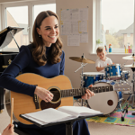 Kate Middleton smiles in a cozy therapy room with warm lighting and guitars and drums and piano near her
