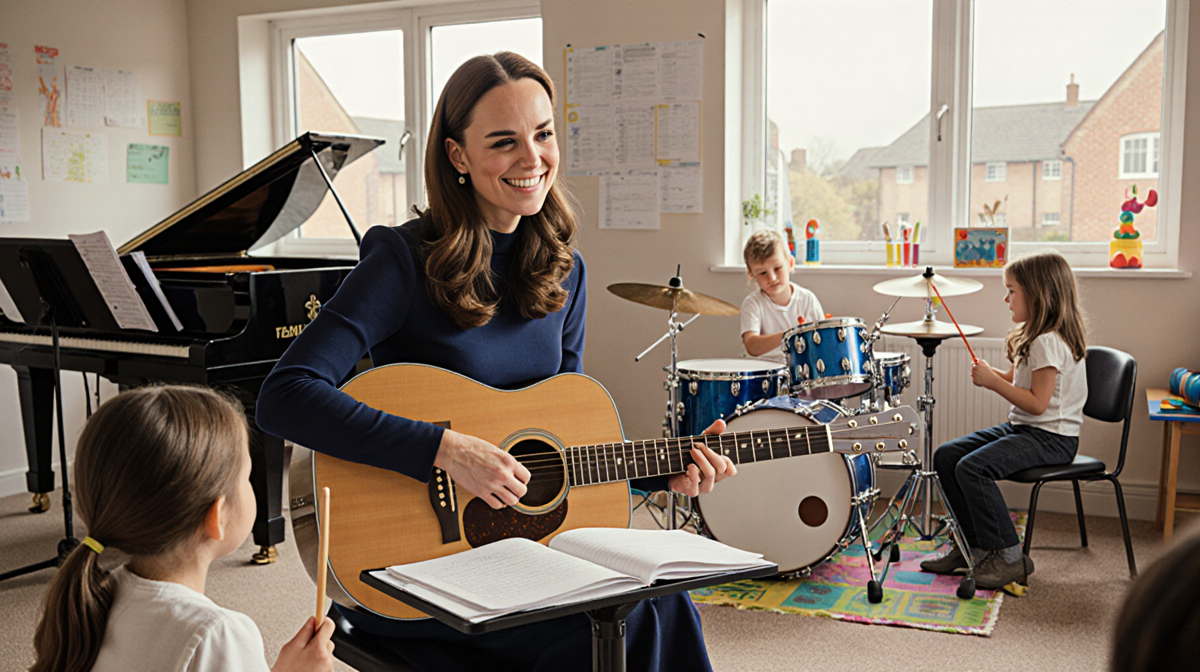 Kate Middleton smiles in a cozy therapy room with warm lighting and guitars and drums and piano near her