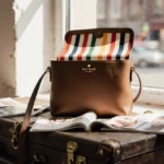Kate Spade crossbody bag sits open on vintage suitcase with colorful striped interior and city street through window