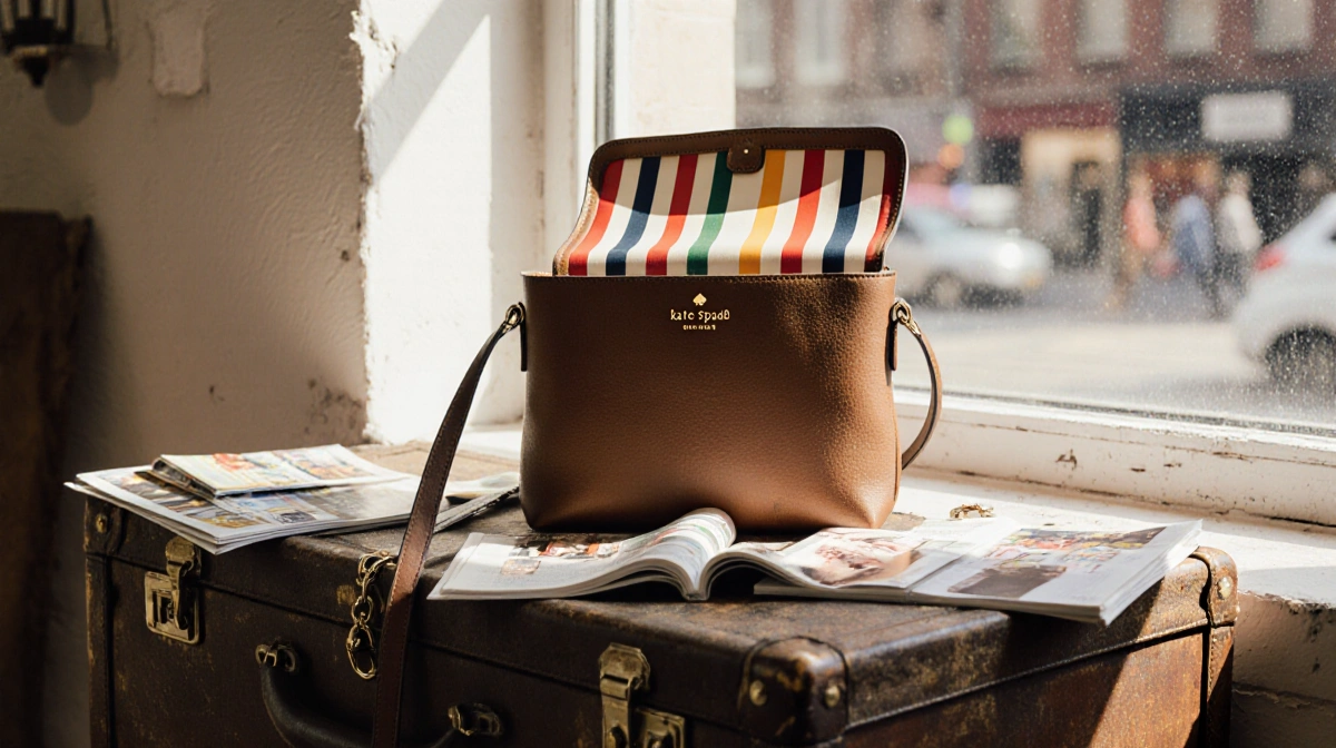 Kate Spade crossbody bag sits open on vintage suitcase with colorful striped interior and city street through window