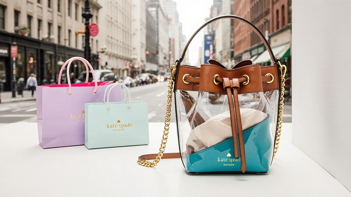 Kate Spade Carson crossbody bag sits open with gold hardware and shopping bags showing 68 percent discount