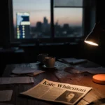 Somber newsroom desk holds Kate Whiteman newspaper clipping with flickering desk lamp and Australian landscape through window