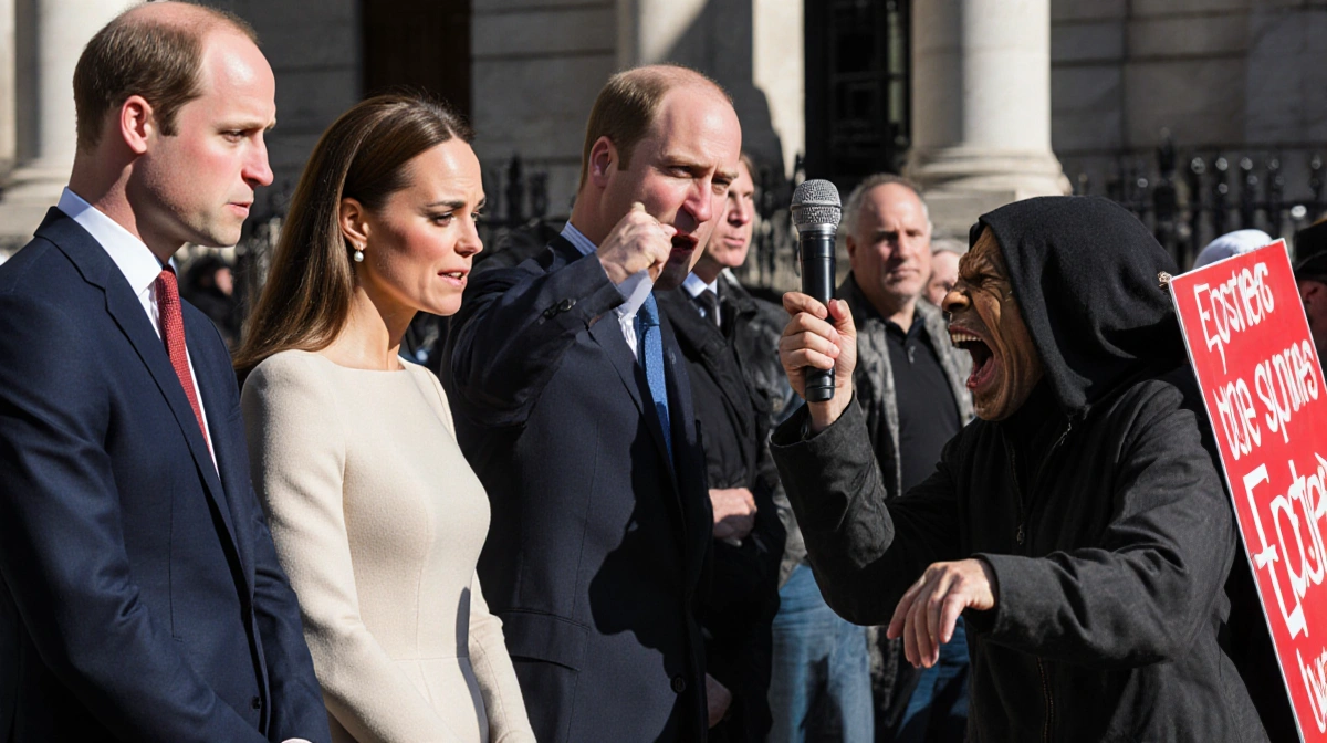Kate Middleton and Prince William stand with stern faces near a street performer shouting about Prince Andrew and Jeffrey Eps