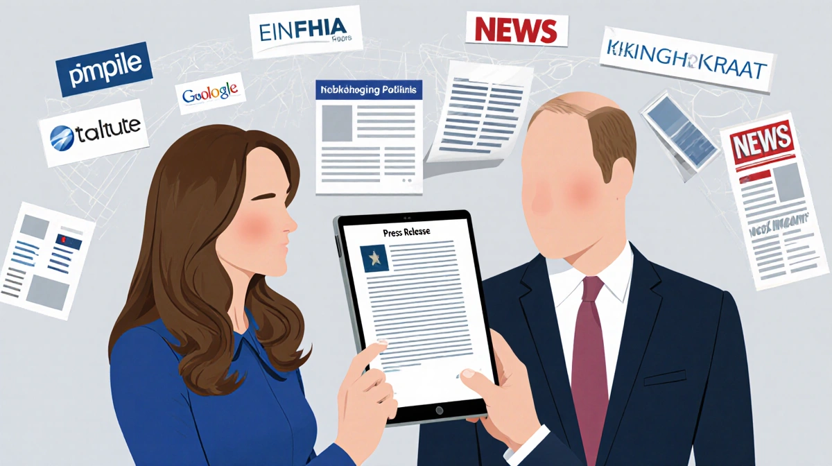 Prince William and Kate Middleton meeting staff with global newspapers and press tablets showing routine royal communications