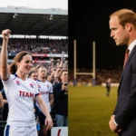 Kate Middleton leading charity rugby match with cheering England fans as Prince William stands alone on opposing field
