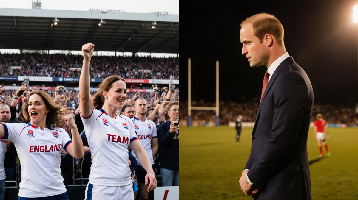 Kate Middleton leading charity rugby match with cheering England fans as Prince William stands alone on opposing field