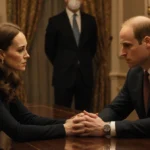 Kate Middleton and Prince William meeting across a wooden table with hands clasped and news headlines on a screen behind