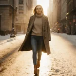 Kate Winslet walking toward camera with confident stride and warm golden light reflecting off her sleek outfit and the snow-c