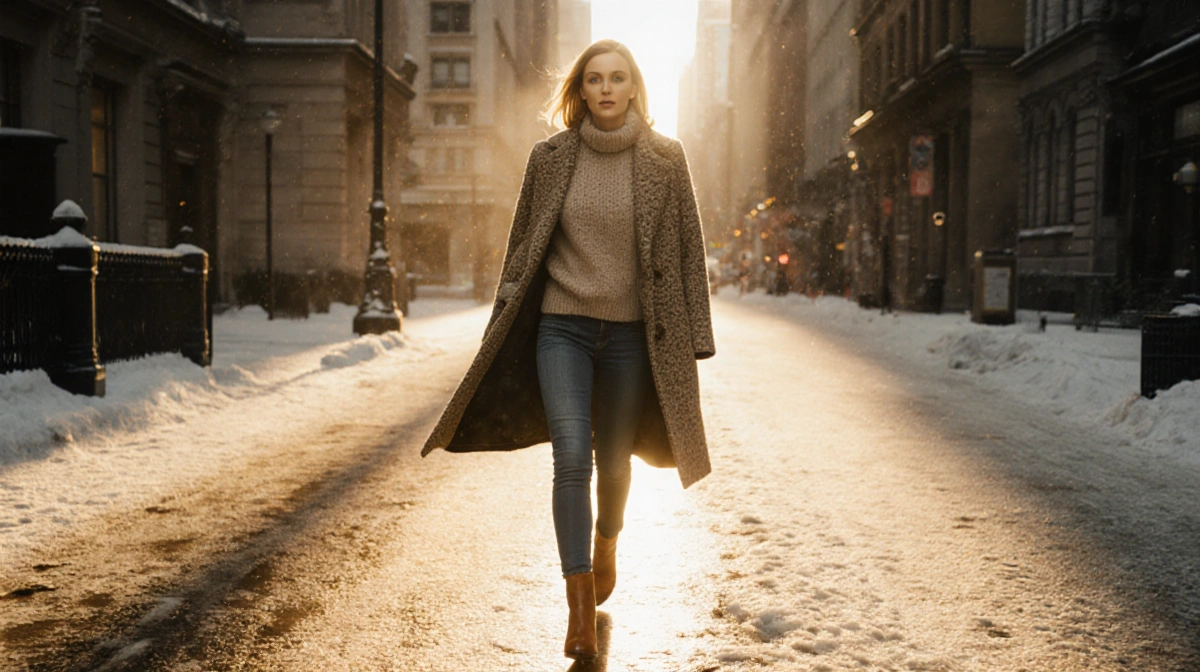 Kate Winslet walking toward camera with confident stride and warm golden light reflecting off her sleek outfit and the snow-c