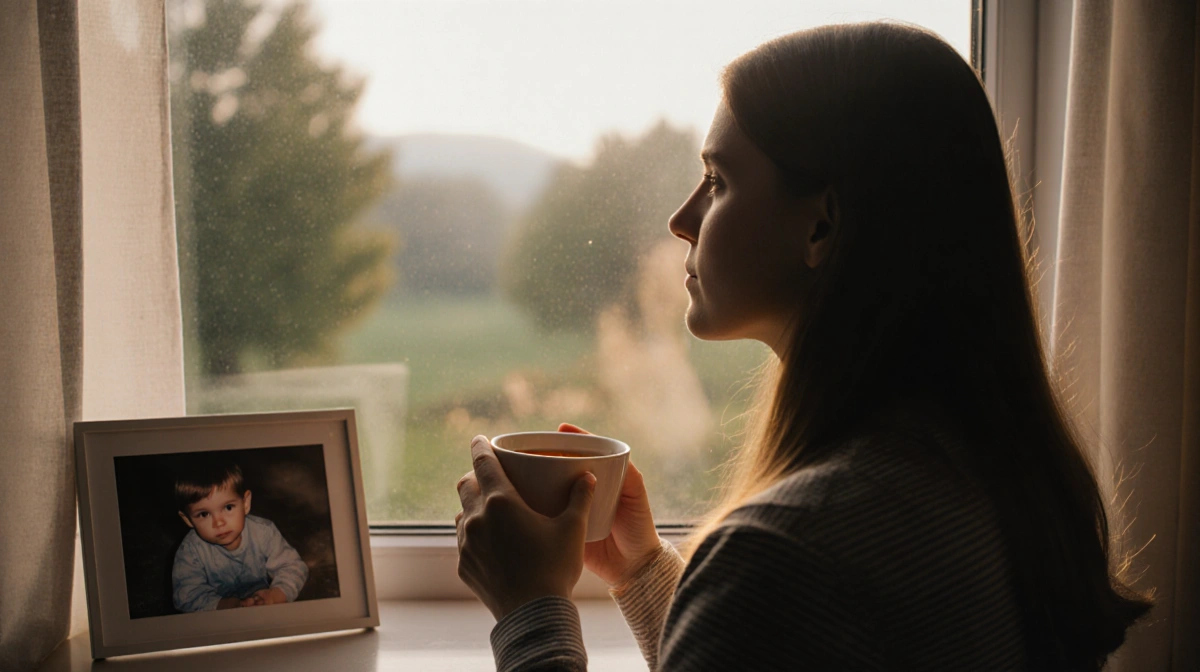 Katelynn Ordone sits by window with tea and child photo showing peaceful mental health break