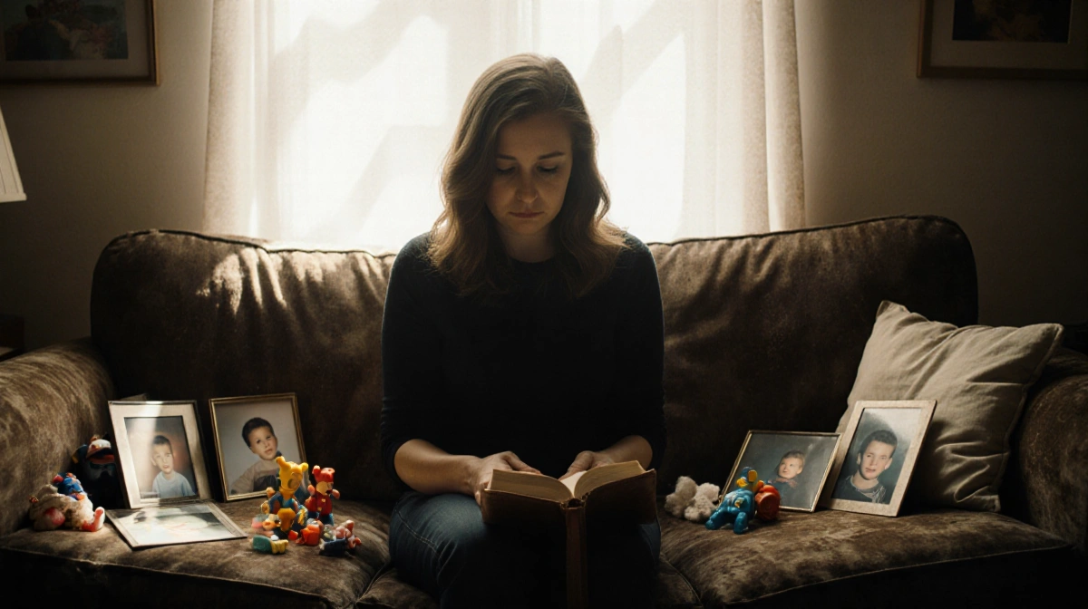 Katelynn Ordone sits on worn couch with faded photos and leather book remembering her late son Preston