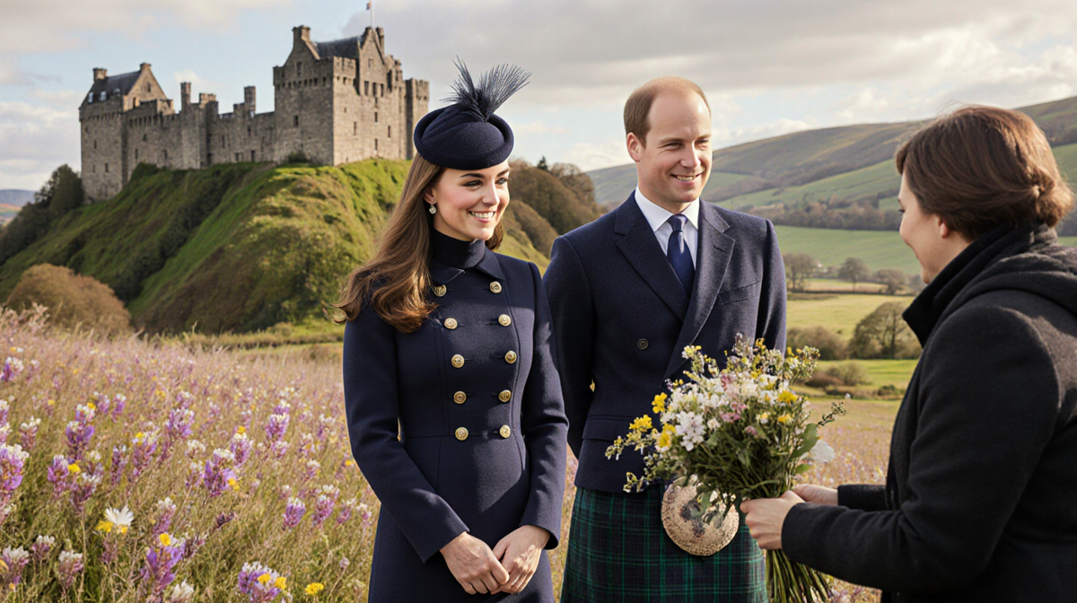 Kate Middleton and aide Barrows receiving bouquets with wildflowers and Stirling Castle behind them.