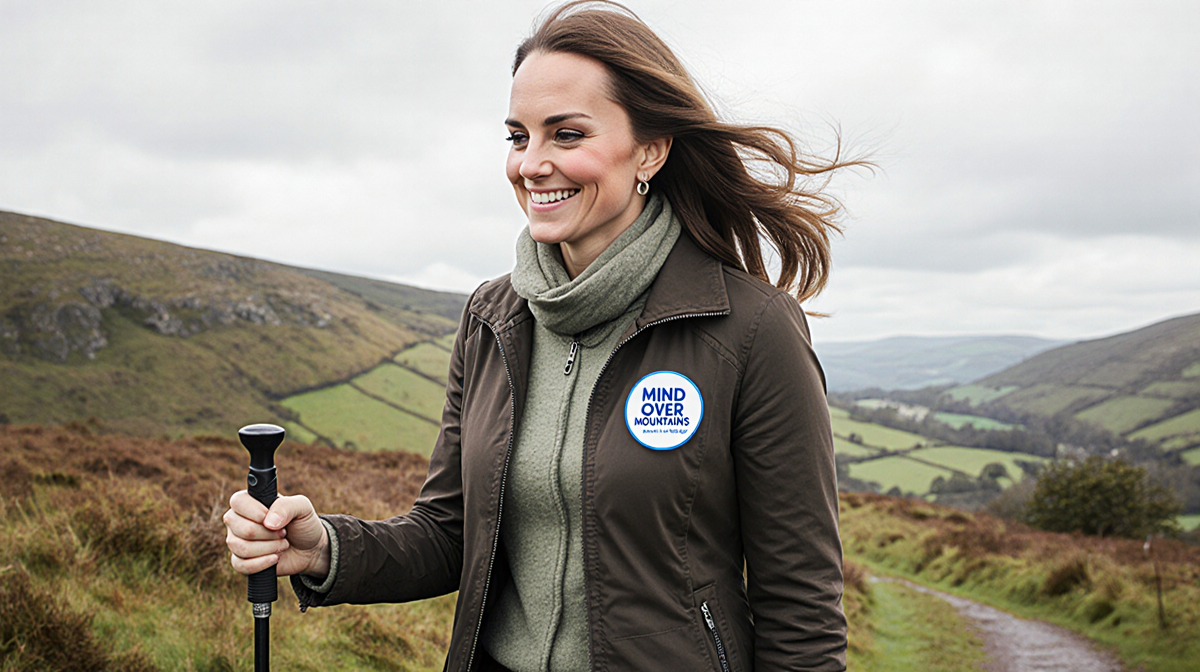 Kate Middleton walking outdoors in Peak District with walking stick and Mind Over Mountains badge