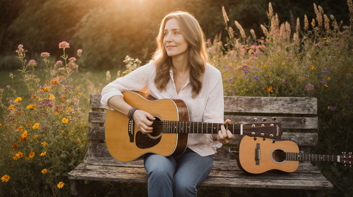 Katey Sagal cradles a guitar on a wooden bench with wildflowers and musical instruments surrounding her
