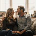 Katey Sagal laughing with Kurt Sutter on a cozy couch surrounded by family photos and books