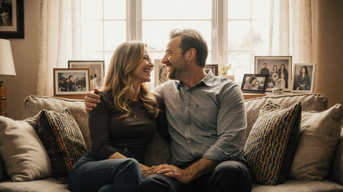 Katey Sagal laughing with Kurt Sutter on a cozy couch surrounded by family photos and books