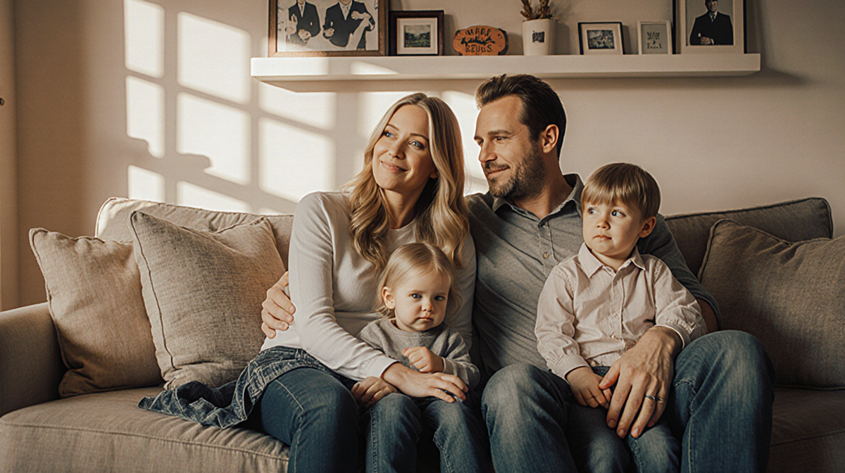 Katey Sagal and Kurt Sutter sit with Sarah Grace and Jackson on their laps in a cozy living room with family bonding mementos