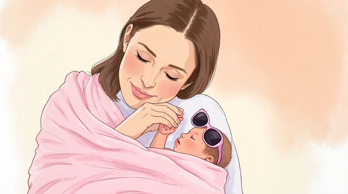 Katherine LaNasa cradles newborn daughter Eloise with pink blanket and tiny sunglasses showing