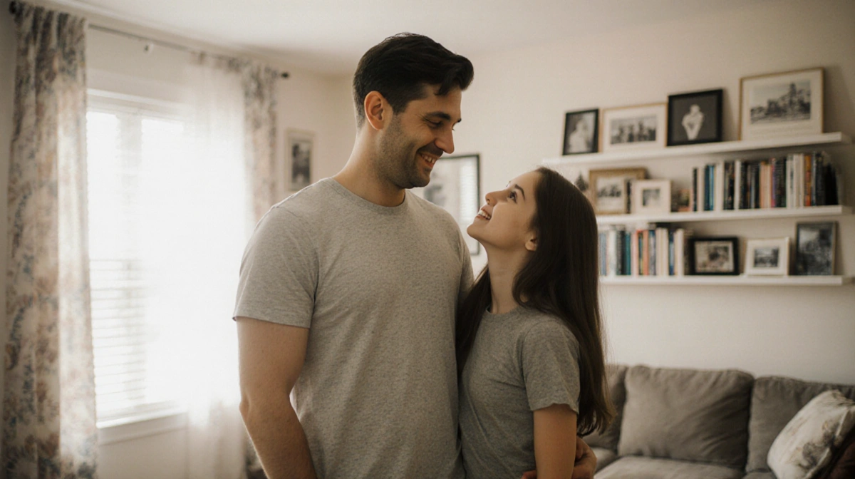 Katherine LaNasa smiles with her children Henry and Eloise in cozy living room with family photos on wall
