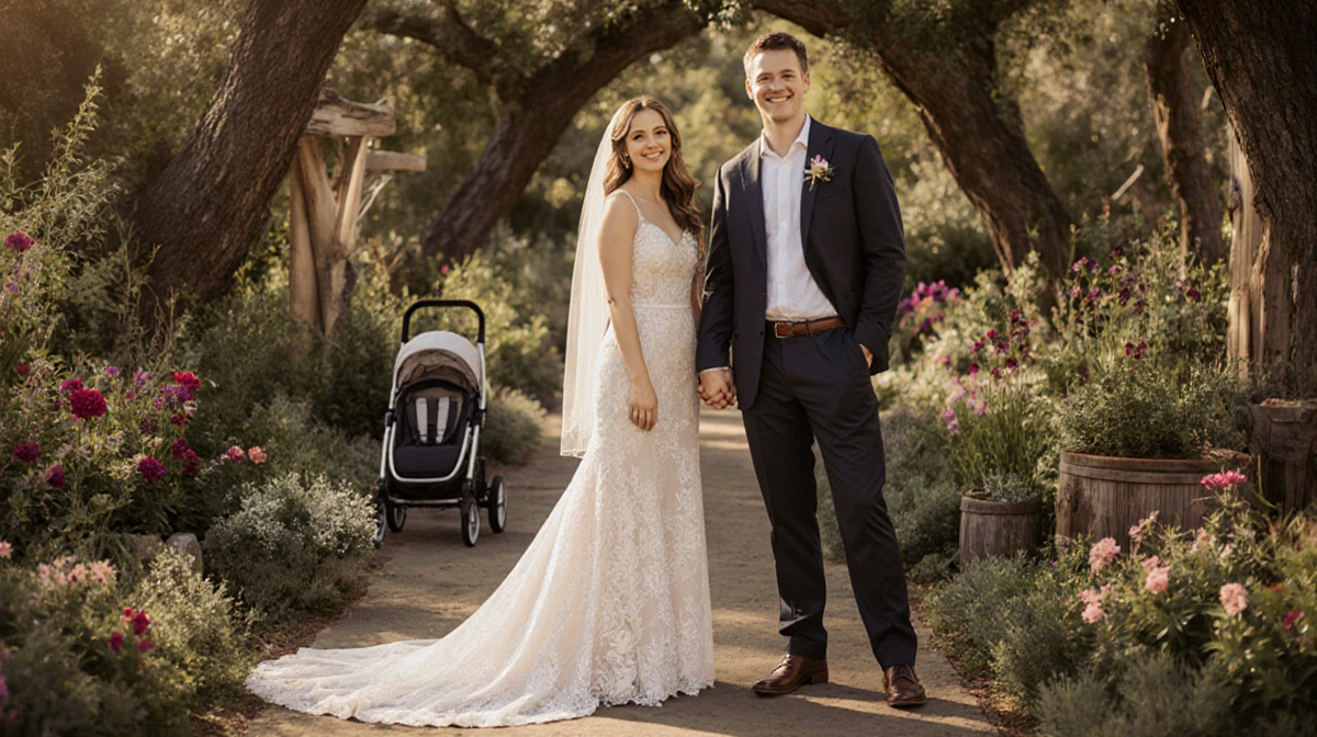 Katherine LaNasa and Grant Show hold hands with smiles at their Topanga wedding venue with stroller nearby