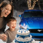 Little boy blowing out birthday candles on blue and silver cake with Katherine Schwarzenegger Pratt holding his hand and Must