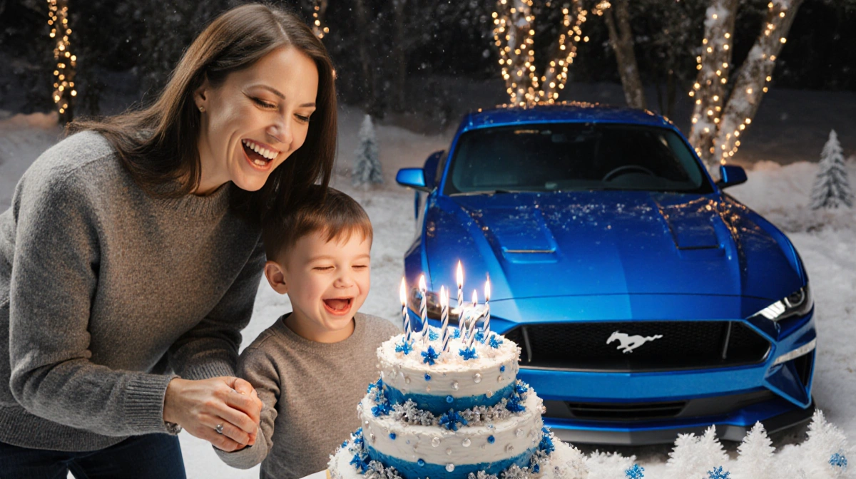 Little boy blowing out birthday candles on blue and silver cake with Katherine Schwarzenegger Pratt holding his hand and Must