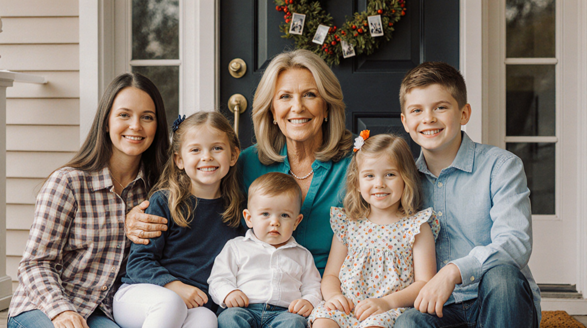 Kathie Lee Gifford sits on a cozy porch with her five grandchildren laughing and a family photo wall in the background
