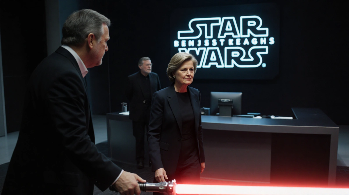 Kathleen Kennedy walking away from lightsaber with shadowy George Lucas watching and Filoni at holographic Star Wars desk