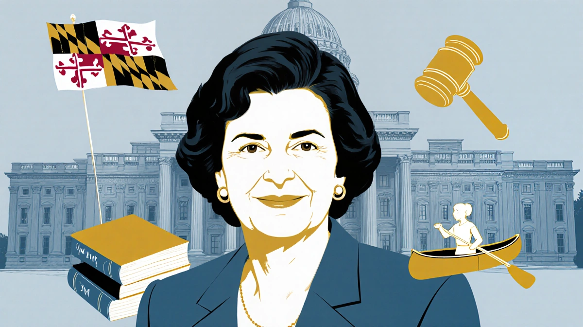 Kathleen Kennedy Townsend standing before Maryland state flag with law books and gavel showing her political legacy and deter