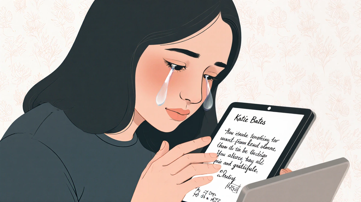 Katie Bates sits holding a tablet with a handwritten note and a subtle tears effect on her face in a muted background with gr